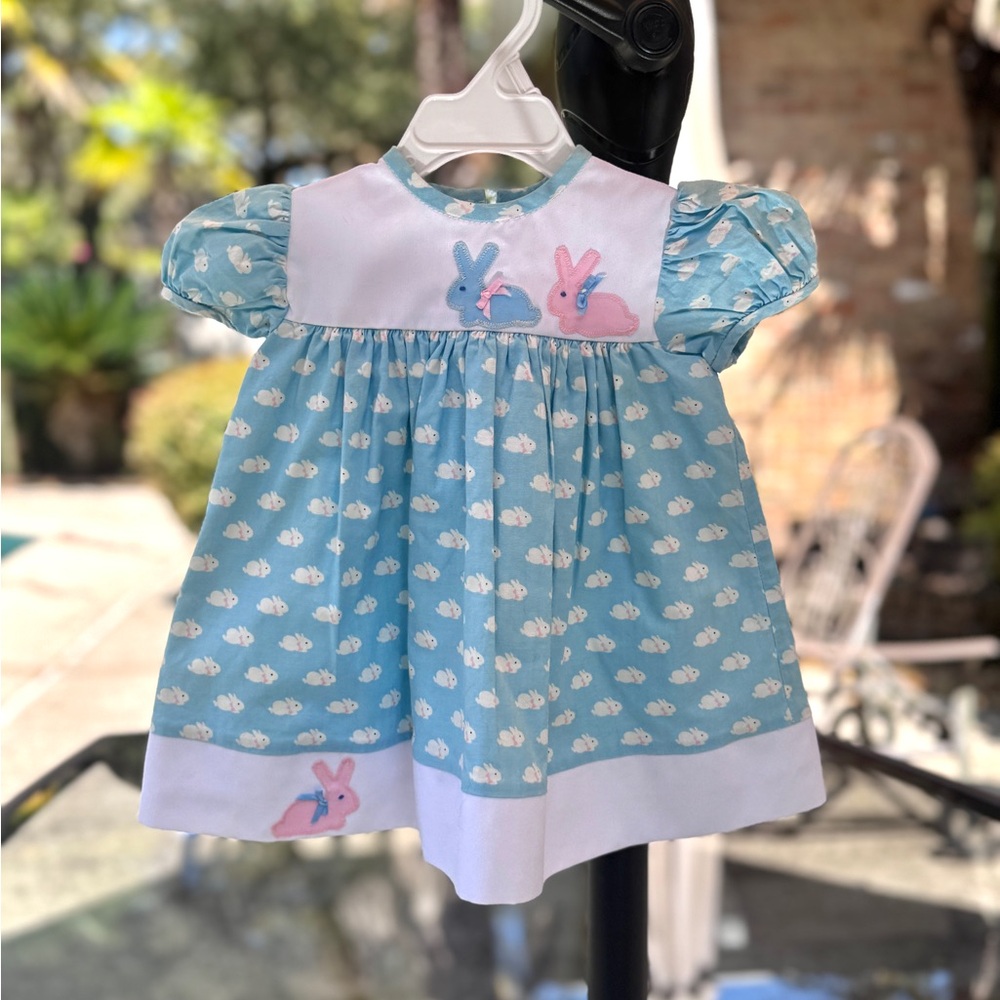 Vintage Neiman Marcus Blue and White Bunny Print Toddler Dress, Easter Dress